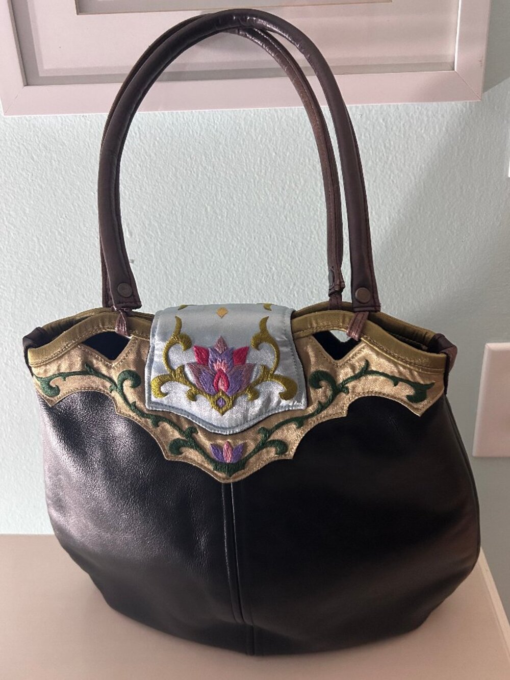 Vintage Papillon by Akihiro Domen Black Embroidered Floral HandBag